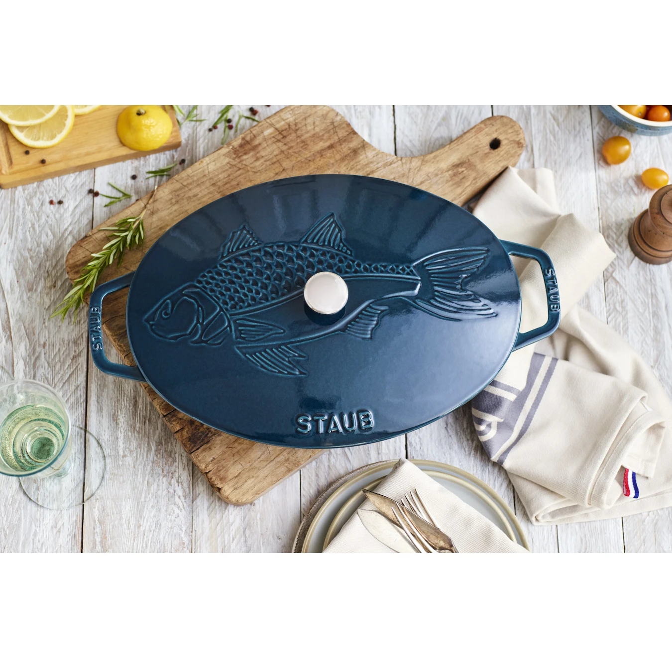 Сковорода овальная для рыбы STAUB, с чугунной крышкой, 32 см, морская - фото 6