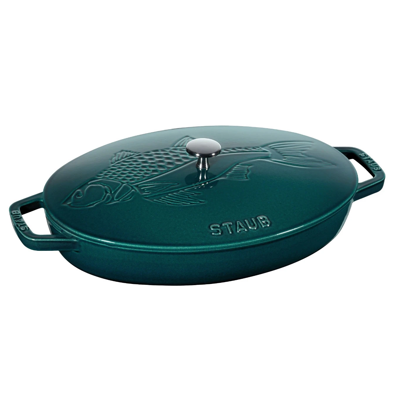 Сковорода овальная для рыбы STAUB, с чугунной крышкой, 32 см, морская - фото 1